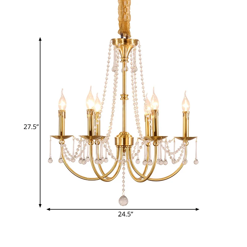 Lustre à 6 lumières, éclairage suspendu traditionnel à bras courbé en cristal, doré Clearhalo