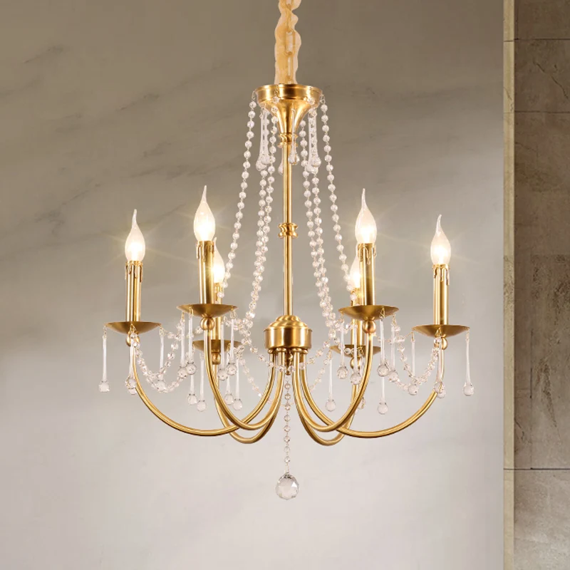 Lustre à 6 lumières, éclairage suspendu traditionnel à bras courbé en cristal, doré Clearhalo
