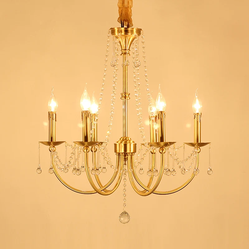 Lustre à 6 lumières, éclairage suspendu traditionnel à bras courbé en cristal, doré Clearhalo