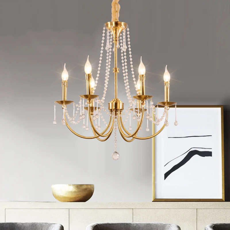 Lustre à 6 lumières, éclairage suspendu traditionnel à bras courbé en cristal, doré Clearhalo