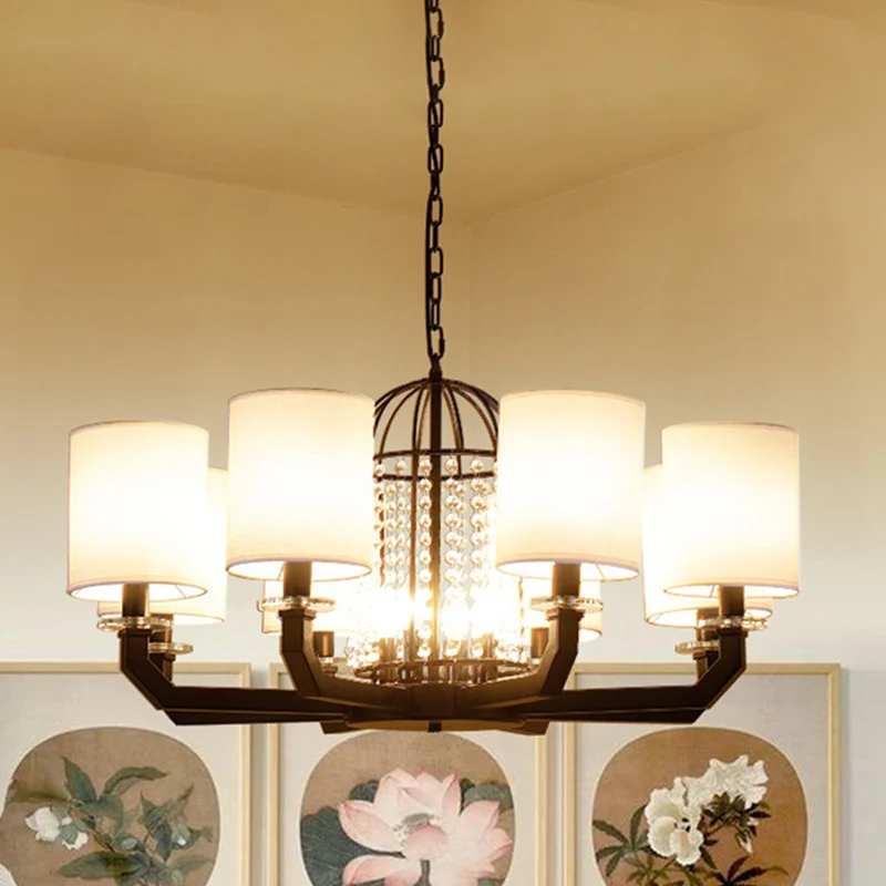 Lustre minimaliste en cristal à tambour, éclairage suspendu à 9/12 lumières avec abat-jour en tissu blanc Clearhalo
