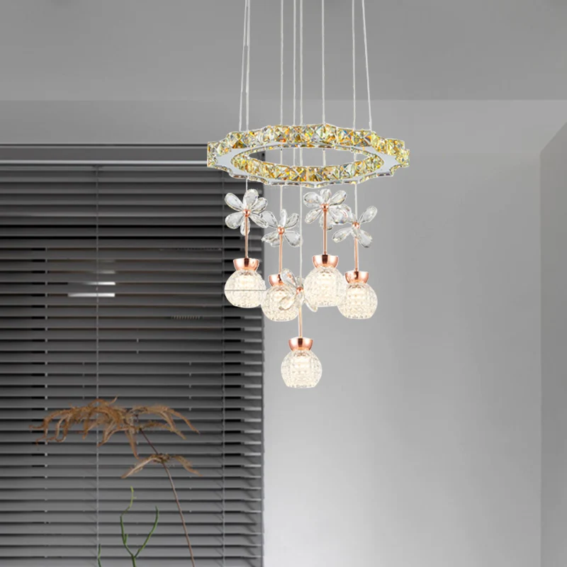 Lustre moderne à 1/3/5 têtes, luminaire suspendu, cercle chromé/engrenage, Kit de suspension avec abat-jour en cristal alv...
