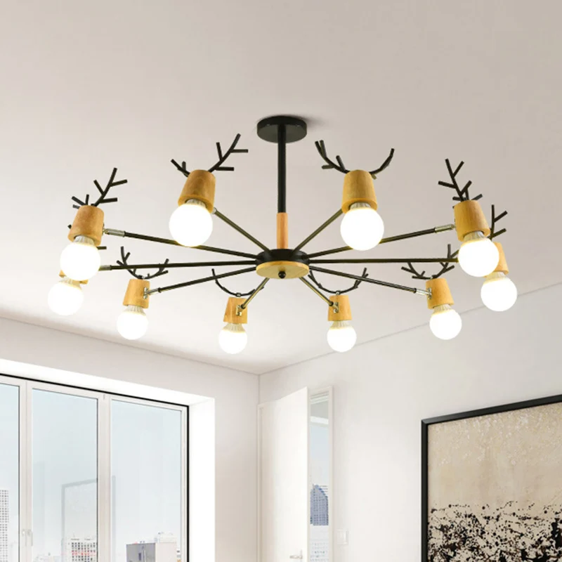 Lustre moderne en bois simple, Design d'ampoule exposée, lampes suspendues créatives pour chambre à coucher avec décoratio...
