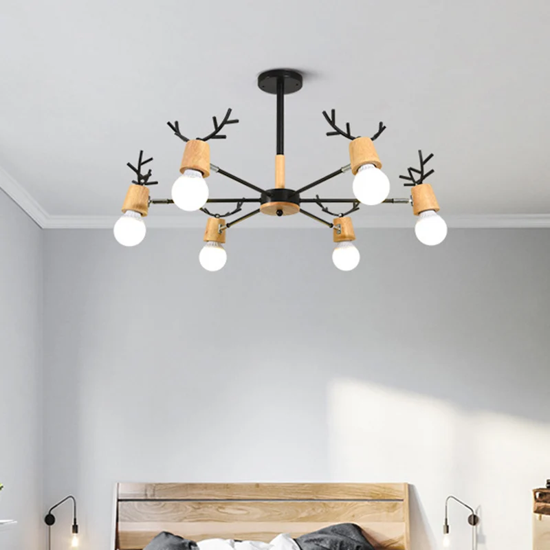 Lustre moderne en bois simple, Design d'ampoule exposée, lampes suspendues créatives pour chambre à coucher avec décoratio...