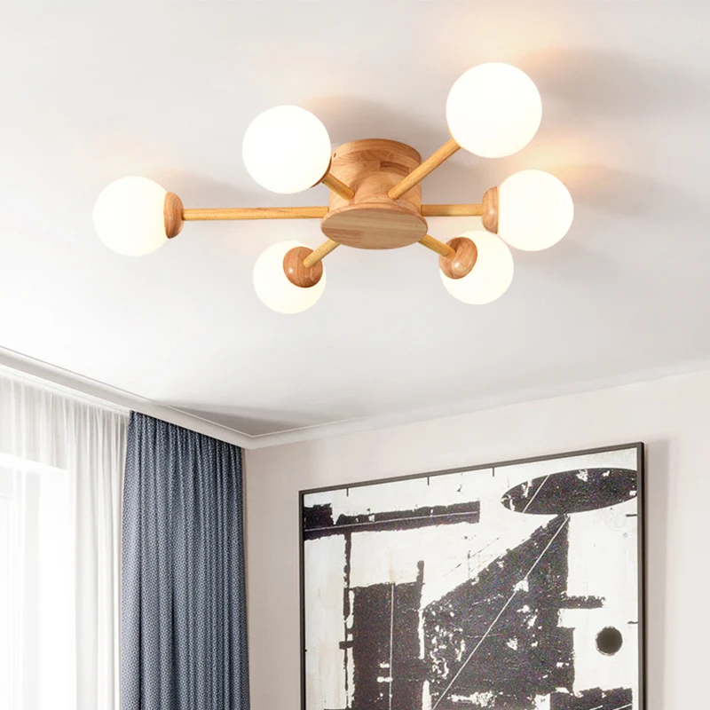 Lustre à montage au plafond pour chambre à coucher en verre dépoli minimaliste semi-affleurant à bulles en bois Clearhalo