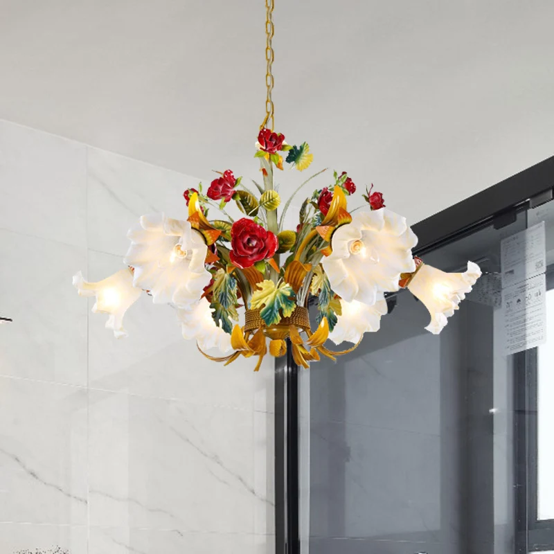Lustre en métal jaune, éclairage de fleur, 3/6/8 ampoules, lampe suspendue Vintage pour salon Clearhalo