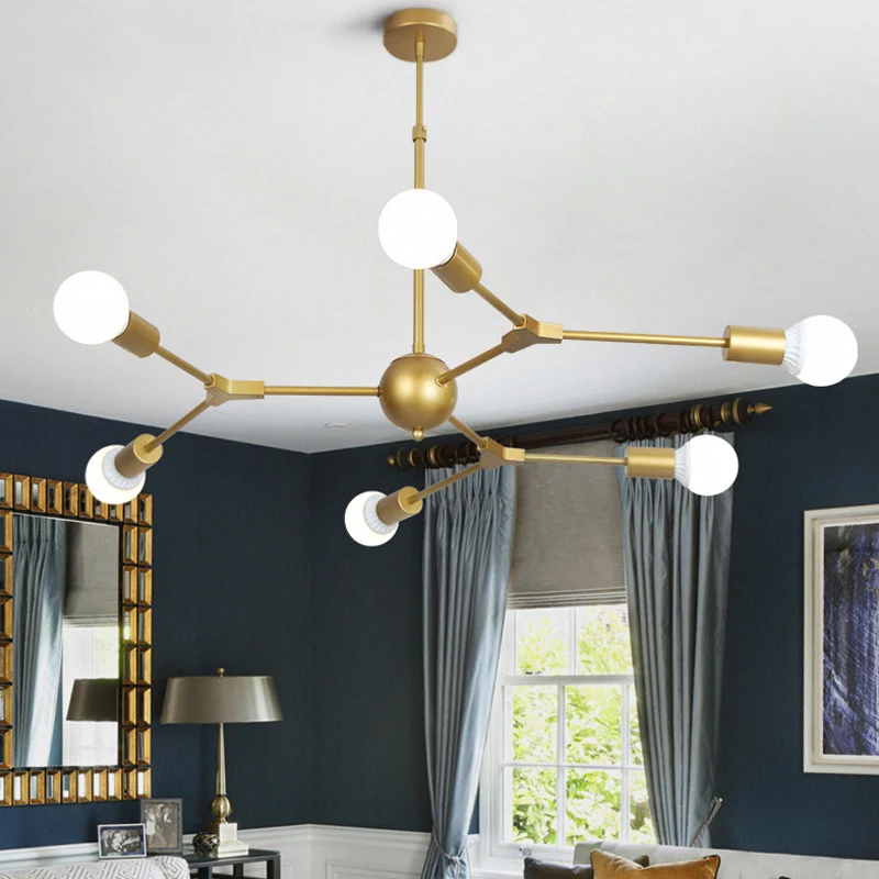 Lustre métallique suspendu au fini doré moderne, luminaire décoratif d'intérieur, idéal pour un salon ou un Restaurant Cle...