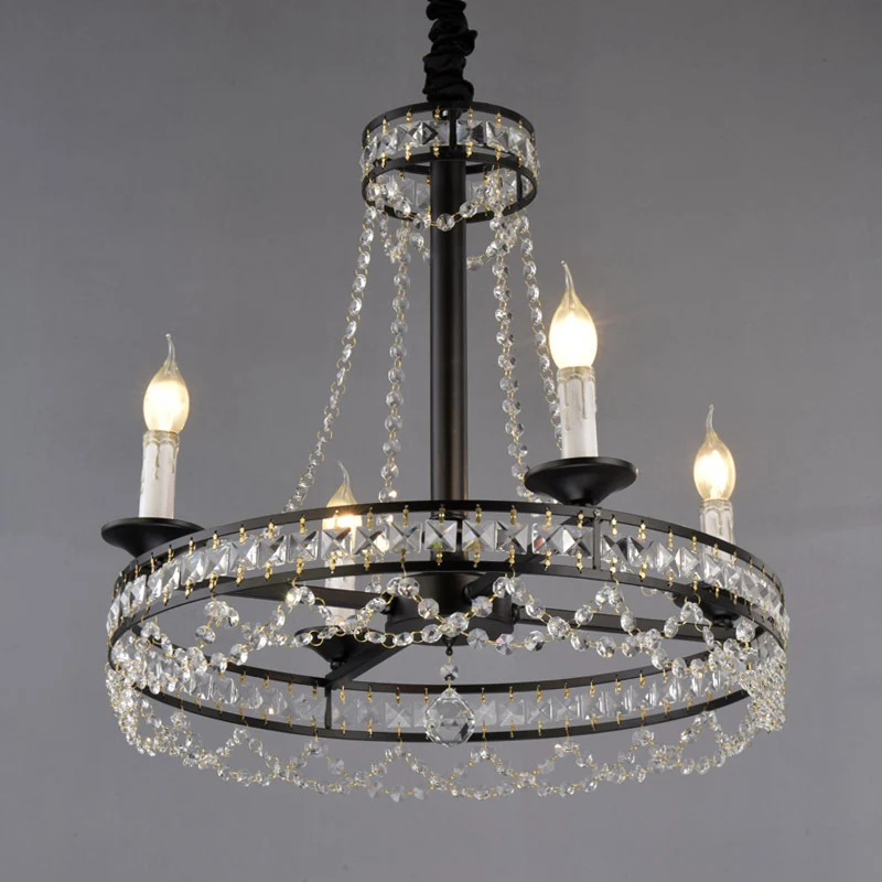 Lustre noir à 4/6 lumières, lampe de plafond suspendue à brins de cristal à roue traditionnelle pour chambre à coucher Cle...