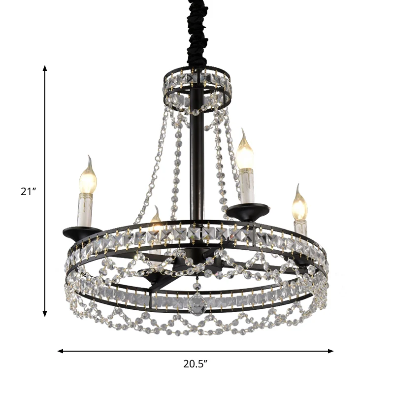 Lustre noir à 4/6 lumières, lampe de plafond suspendue à brins de cristal à roue traditionnelle pour chambre à coucher Cle...