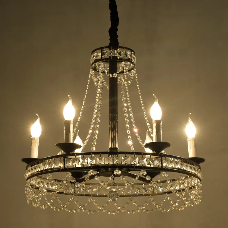 Lustre noir à 4/6 lumières, lampe de plafond suspendue à brins de cristal à roue traditionnelle pour chambre à coucher Cle...