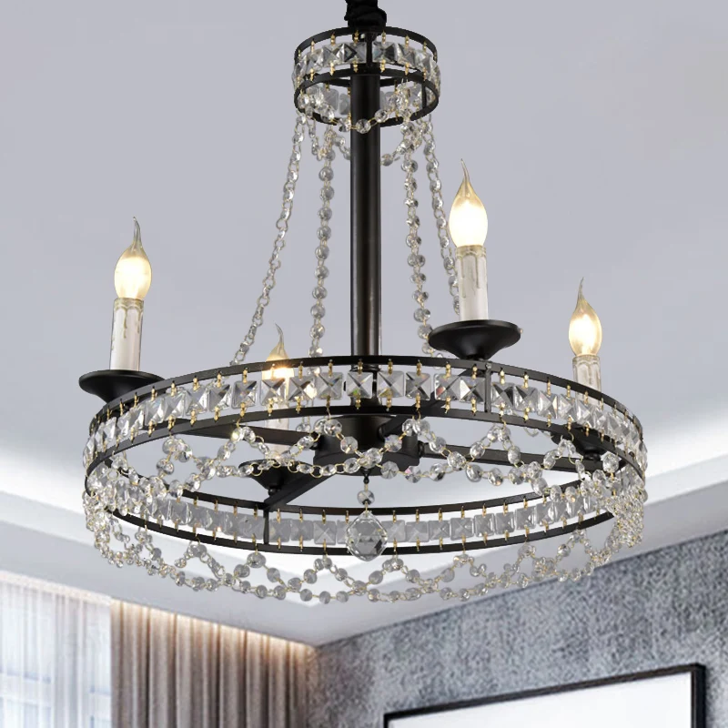 Lustre noir à 4/6 lumières, lampe de plafond suspendue à brins de cristal à roue traditionnelle pour chambre à coucher Cle...