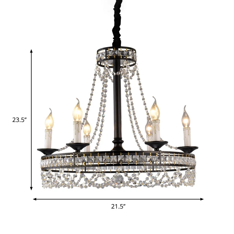 Lustre noir à 4/6 lumières, lampe de plafond suspendue à brins de cristal à roue traditionnelle pour chambre à coucher Cle...