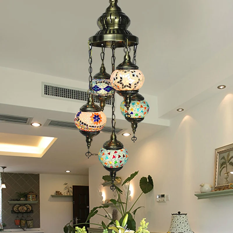 Lustre ovale pour salon, éclairage traditionnel en vitrail, 5 têtes, plafonnier suspendu blanc/Orange/bleu Clearhalo