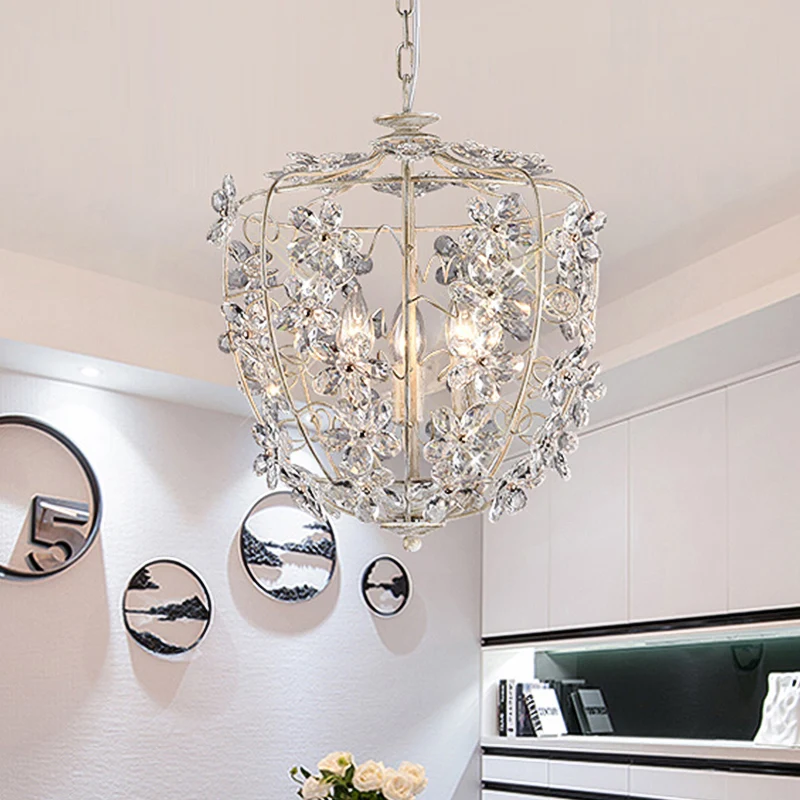 Lustre en panier de fleurs en cristal, lampe nordique à 3 ampoules, luminaire suspendu blanc et doré pour salle à manger C...