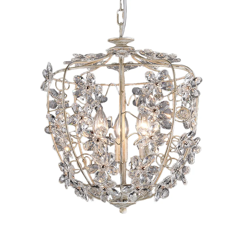 Lustre en panier de fleurs en cristal, lampe nordique à 3 ampoules, luminaire suspendu blanc et doré pour salle à manger C...