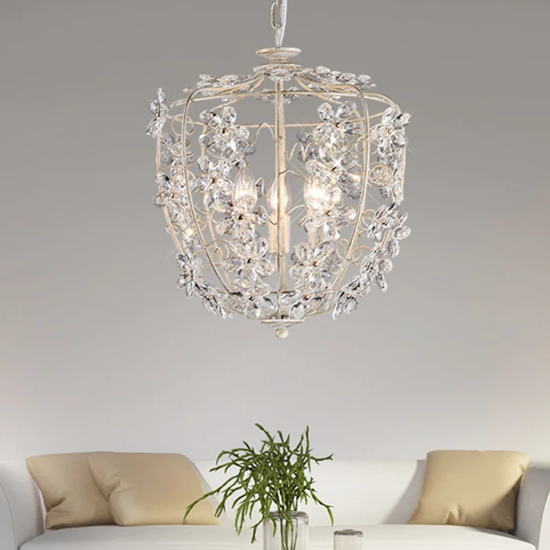 Lustre en panier de fleurs en cristal, lampe nordique à 3 ampoules, luminaire suspendu blanc et doré pour salle à manger C...