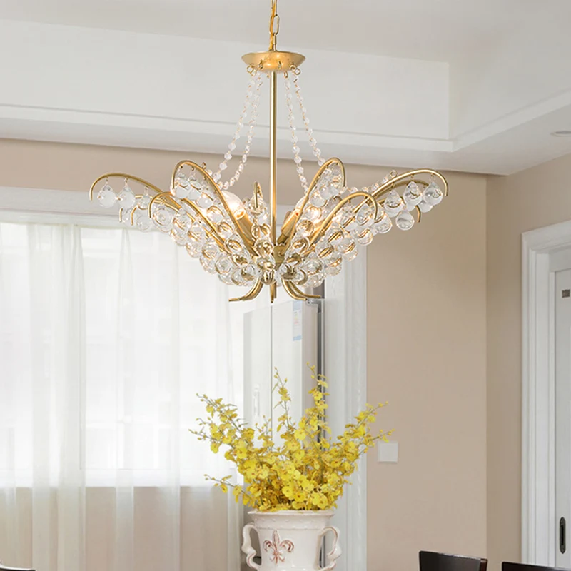 Lustre de plafond à bougie traditionnel, 6 lumières, lampe à Suspension intégrée en cristal doré pour le salon Clearhalo