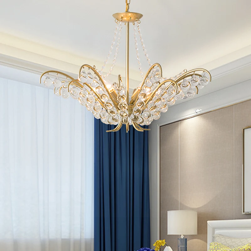 Lustre de plafond à bougie traditionnel, 6 lumières, lampe à Suspension intégrée en cristal doré pour le salon Clearhalo