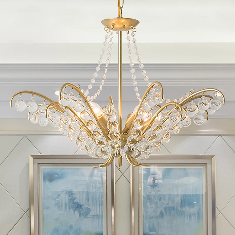 Lustre de plafond à bougie traditionnel, 6 lumières, lampe à Suspension intégrée en cristal doré pour le salon Clearhalo