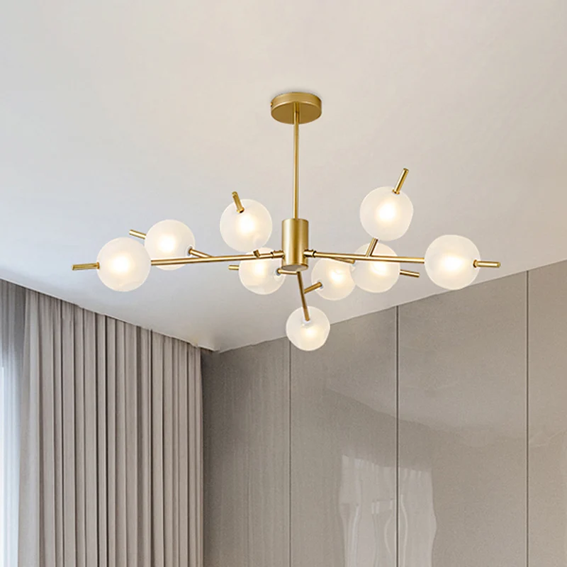 Lustre de plafond boule en verre dépoli, lampe suspendue à 9 lumières, noir/or Clearhalo