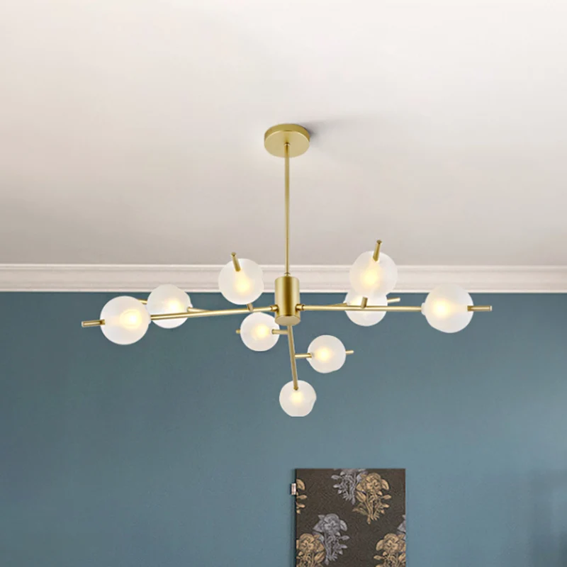 Lustre de plafond boule en verre dépoli, lampe suspendue à 9 lumières, noir/or Clearhalo