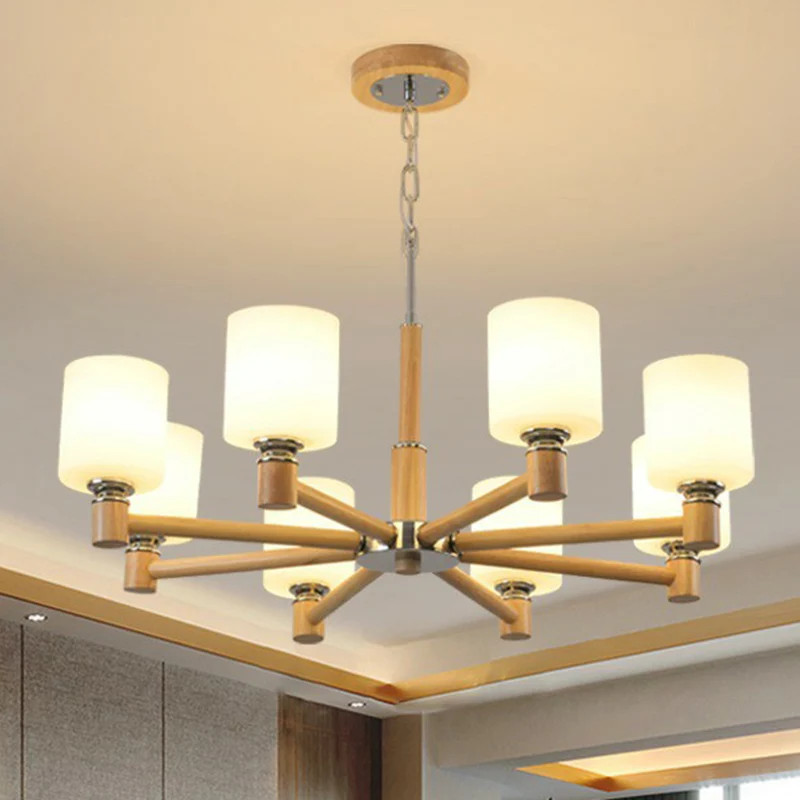 Lustre de plafond cylindrique en bois, luminaire suspendu minimaliste en verre blanc pour chambre à coucher Clearhalo