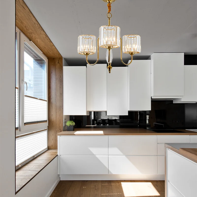 Lustre de plafond cylindrique contemporain en cristal à facettes, 3/5/6 têtes, suspension en laiton Clearhalo