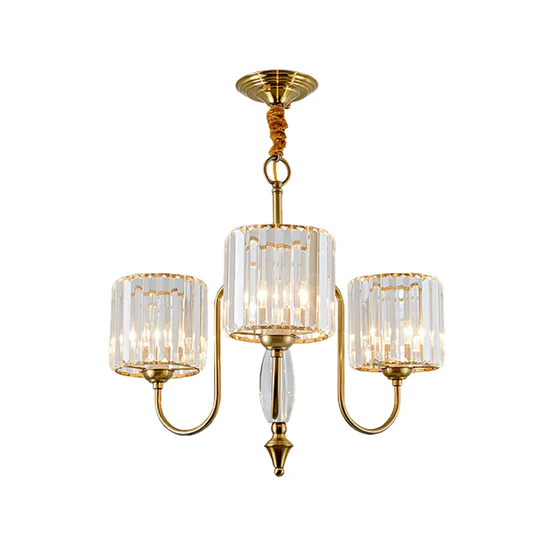 Lustre de plafond cylindrique contemporain en cristal à facettes, 3/5/6 têtes, suspension en laiton Clearhalo