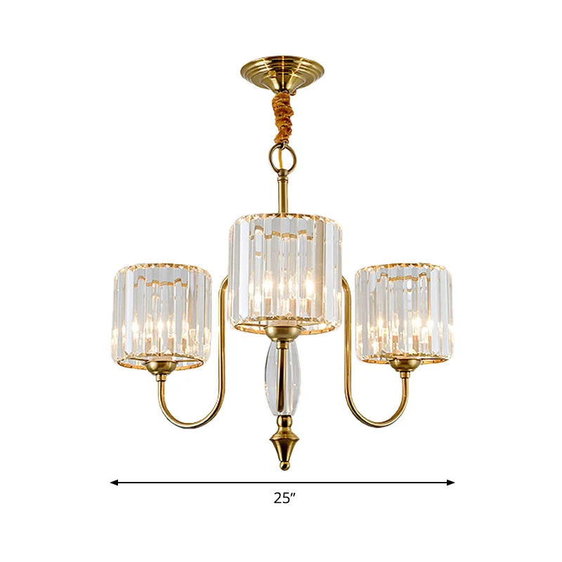 Lustre de plafond cylindrique contemporain en cristal à facettes, 3/5/6 têtes, suspension en laiton Clearhalo