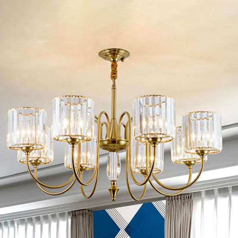 Lustre de plafond cylindrique contemporain en cristal à facettes, 3/5/6 têtes, suspension en laiton Clearhalo