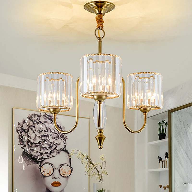 Lustre de plafond cylindrique contemporain en cristal à facettes, 3/5/6 têtes, suspension en laiton Clearhalo