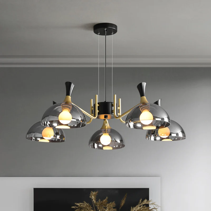Lustre de plafond en forme de dôme moderniste, gris fumé/verre ambré, 5 ampoules, luminaire suspendu pour chambre à couche...