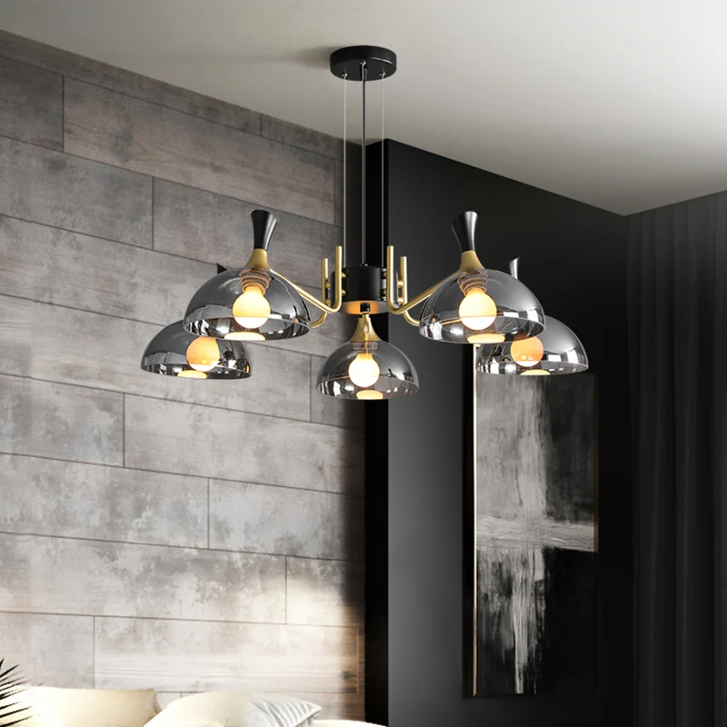 Lustre de plafond en forme de dôme moderniste, gris fumé/verre ambré, 5 ampoules, luminaire suspendu pour chambre à couche...