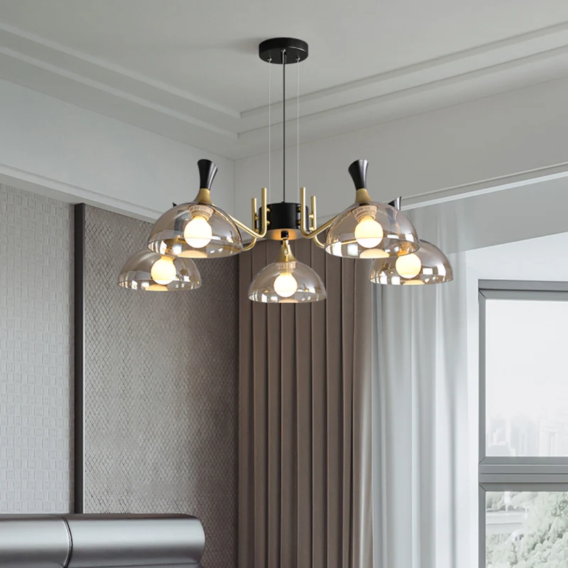 Lustre de plafond en forme de dôme moderniste, gris fumé/verre ambré, 5 ampoules, luminaire suspendu pour chambre à couche...