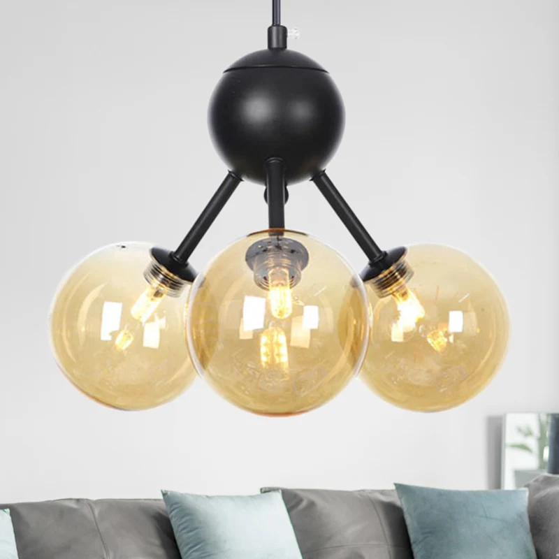 Lustre de plafond en forme de globe en verre ambré, lampe suspendue moderniste à 3 têtes LED en noir Clearhalo