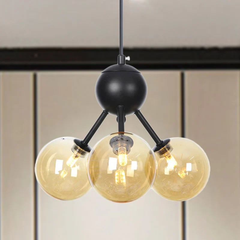 Lustre de plafond en forme de globe en verre ambré, lampe suspendue moderniste à 3 têtes LED en noir Clearhalo