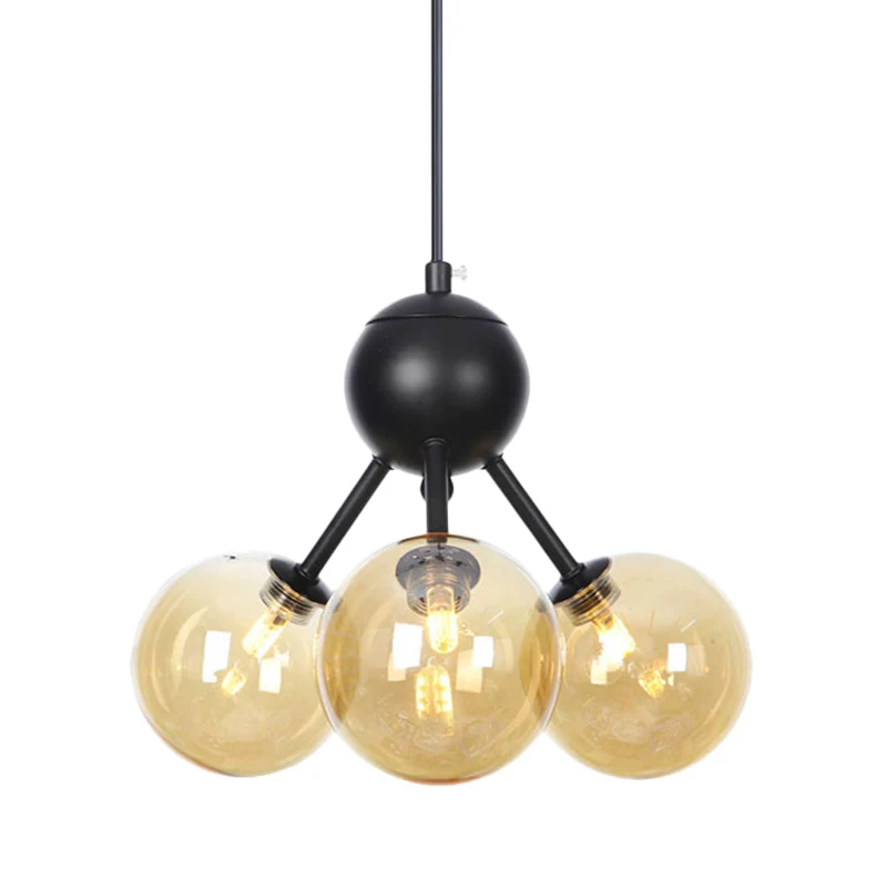 Lustre de plafond en forme de globe en verre ambré, lampe suspendue moderniste à 3 têtes LED en noir Clearhalo