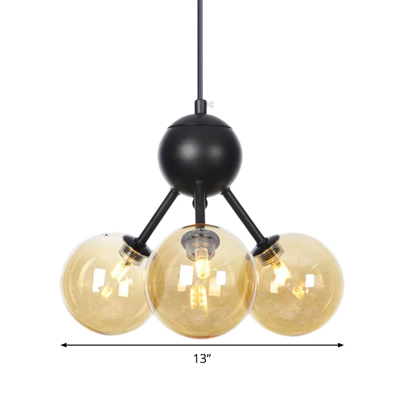 Lustre de plafond en forme de globe en verre ambré, lampe suspendue moderniste à 3 têtes LED en noir Clearhalo