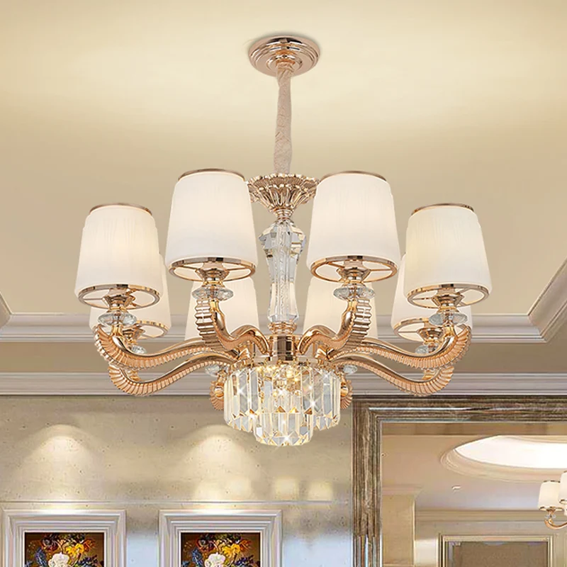 Lustre de plafond à 6/8 lumières, lampe suspendue de salon traditionnelle avec abat-jour conique en verre de lait doré Cle...