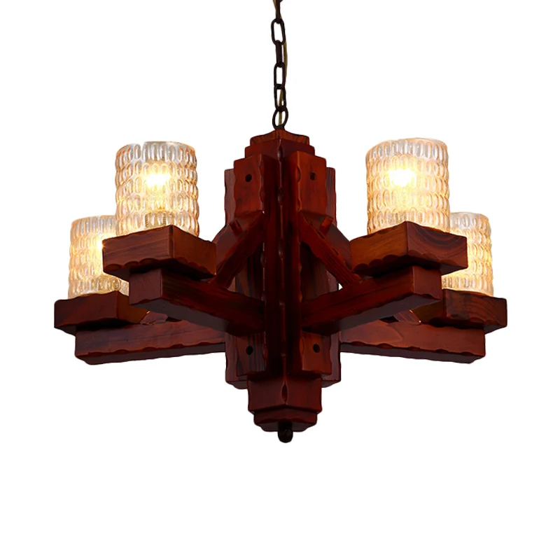 Lustre de plafond marron à 5 têtes, cylindre en verre à fossettes jaunes, suspension avec bras en bois Clearhalo