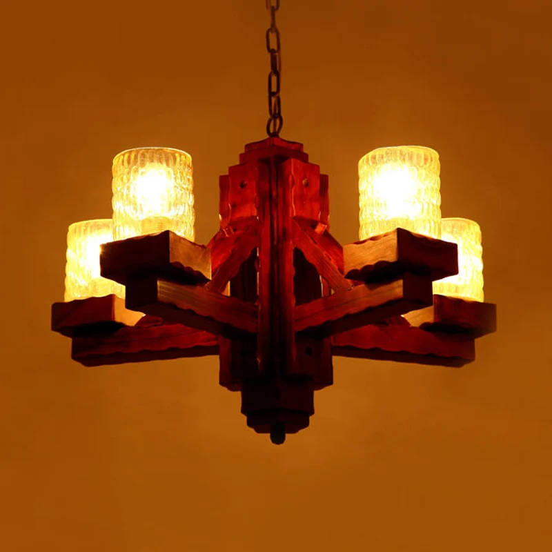 Lustre de plafond marron à 5 têtes, cylindre en verre à fossettes jaunes, suspension avec bras en bois Clearhalo