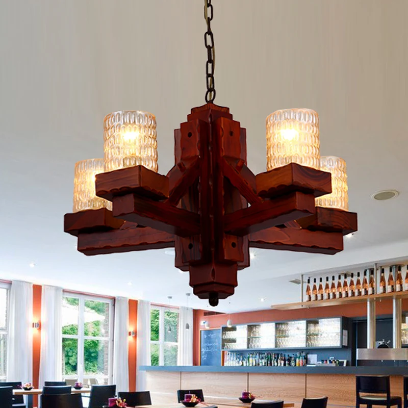 Lustre de plafond marron à 5 têtes, cylindre en verre à fossettes jaunes, suspension avec bras en bois Clearhalo