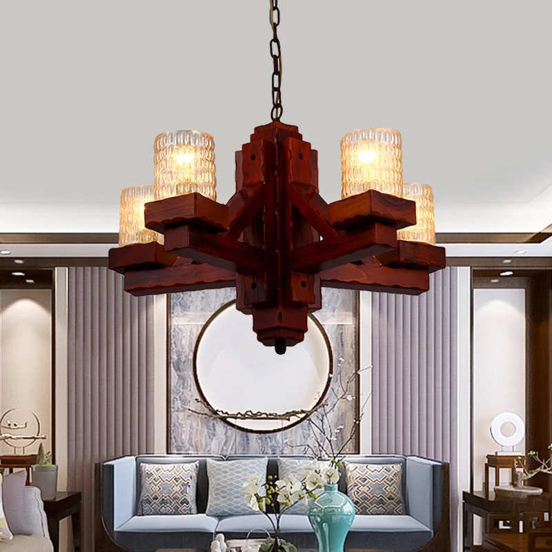 Lustre de plafond marron à 5 têtes, cylindre en verre à fossettes jaunes, suspension avec bras en bois Clearhalo
