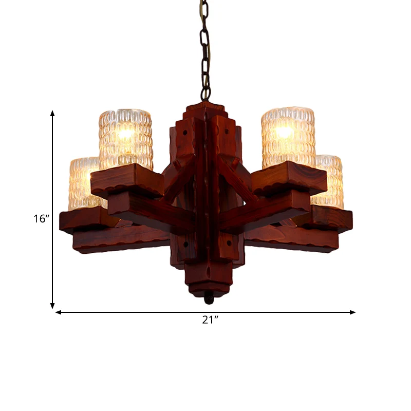 Lustre de plafond marron à 5 têtes, cylindre en verre à fossettes jaunes, suspension avec bras en bois Clearhalo