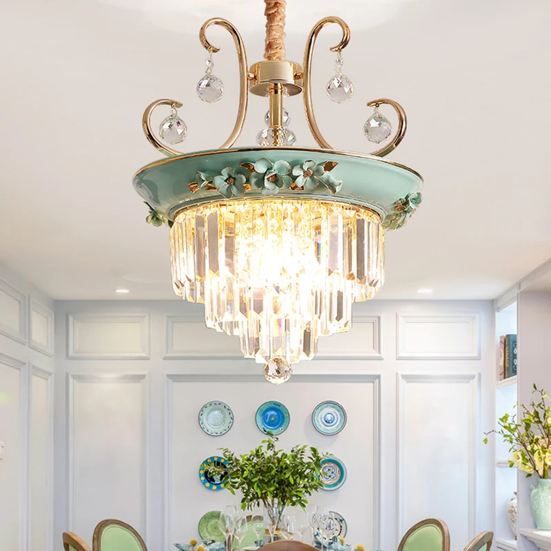 Lustre de plafond à plusieurs niveaux à 3 ampoules, luminaire suspendu en cristal moderniste, blanc/vert Clearhalo