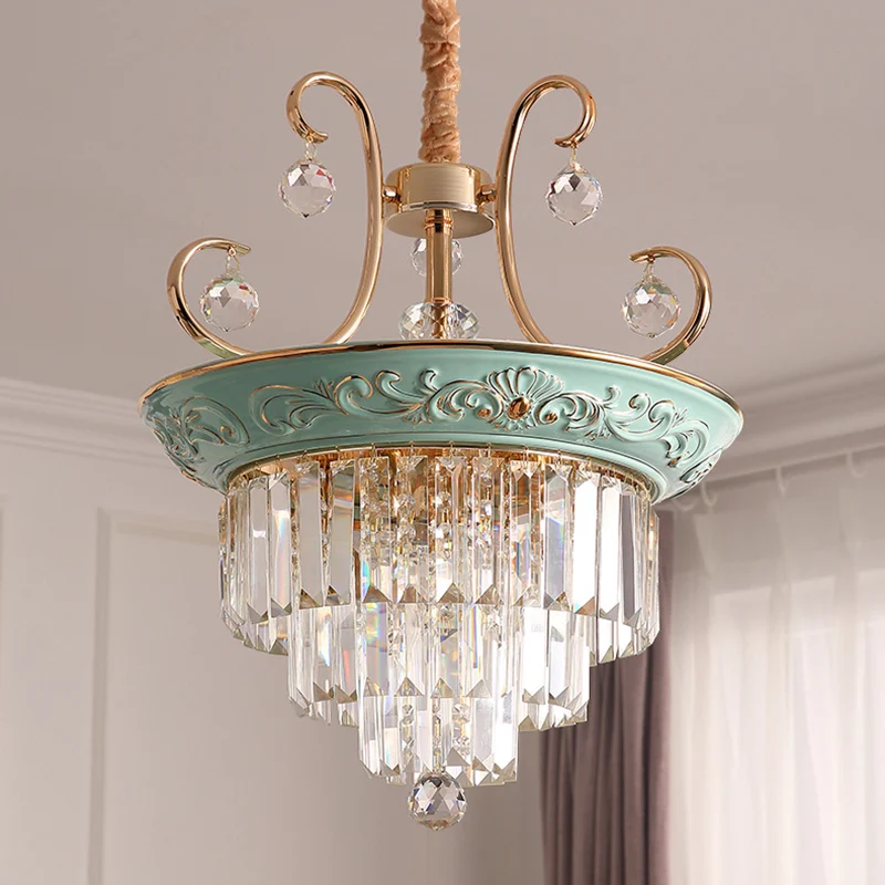 Lustre de plafond à plusieurs niveaux à 3 ampoules, luminaire suspendu en cristal moderniste, blanc/vert Clearhalo
