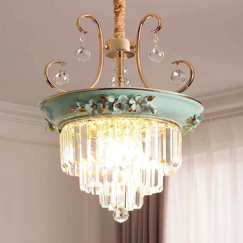 Lustre de plafond à plusieurs niveaux à 3 ampoules, luminaire suspendu en cristal moderniste, blanc/vert Clearhalo