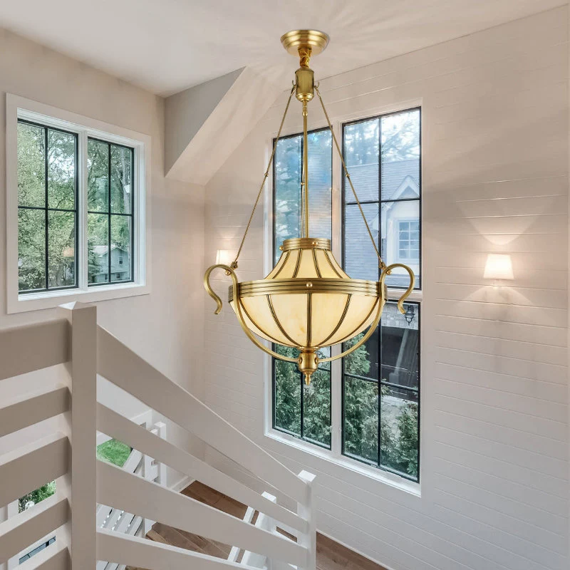 Lustre de plafond en pot à 3 ampoules, luminaire suspendu en verre givré opale rustique en laiton Clearhalo