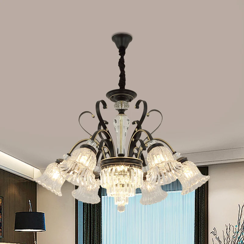 Lustre de plafond en verre biseauté, cristal noir, cloche, 6/8 têtes, Kit de suspension traditionnel Clearhalo