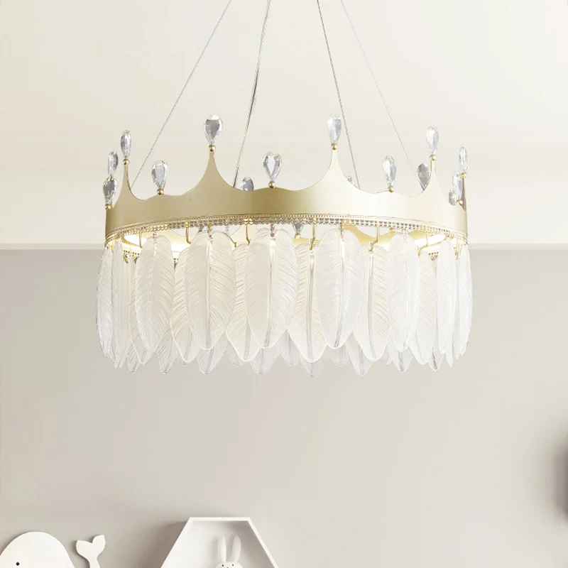Lustre à plumes en cristal LED 3 couleurs, lustre moderne suspendu en forme de couronne avec abat-jour en plumes de verre...